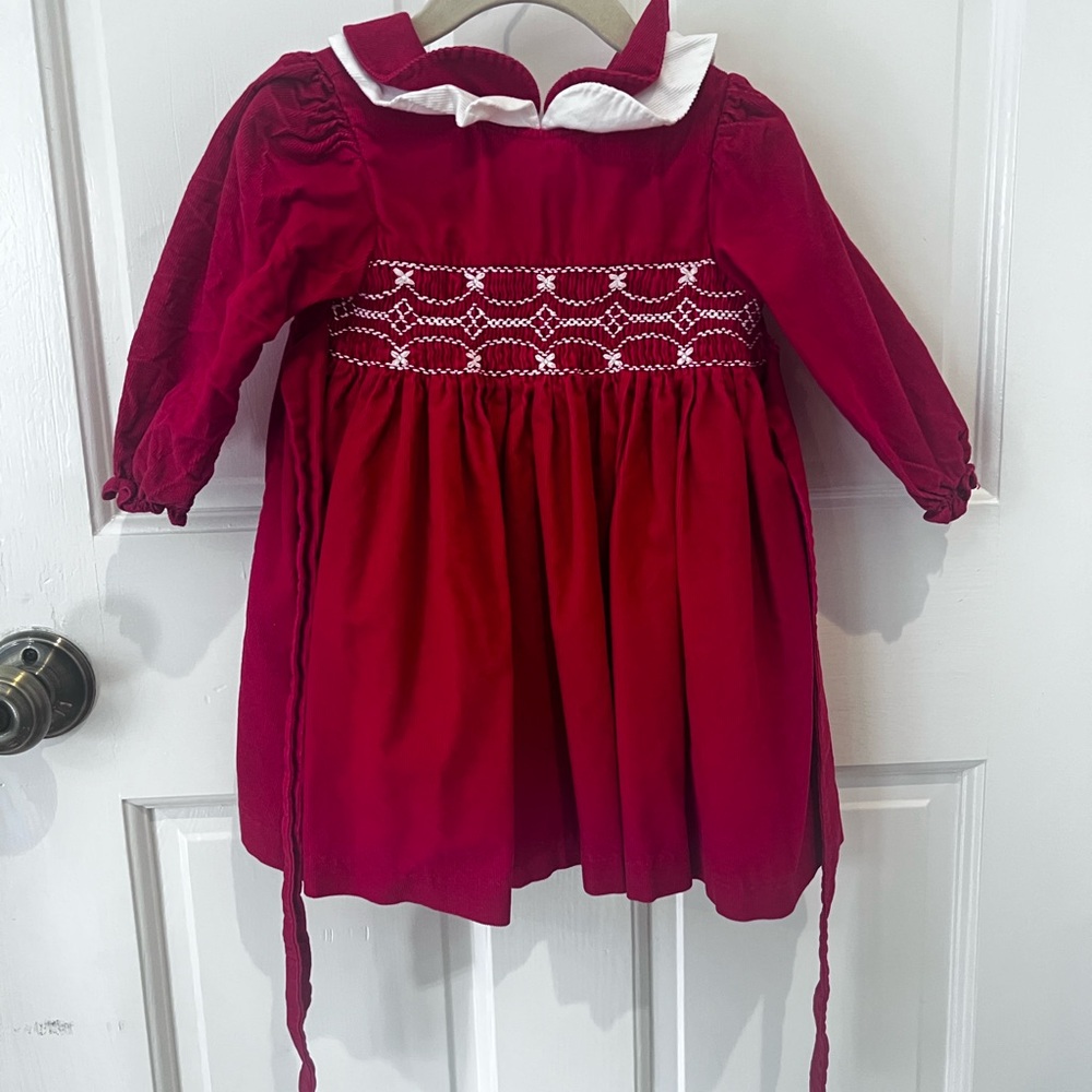 Red Smocked Corduroy Dress with White Collar